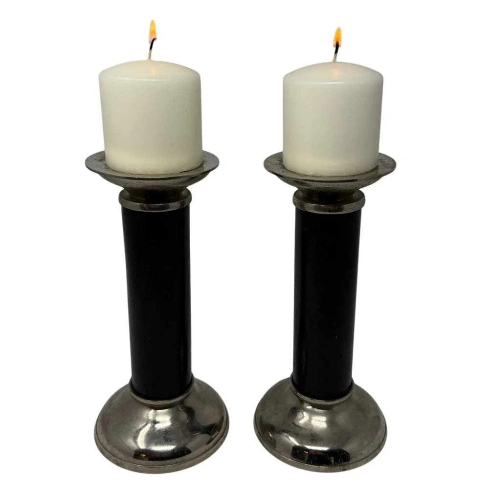 Vtg Pair Silverplate & Leather Metal Pillar / Taper Candle Holders Candlesticks